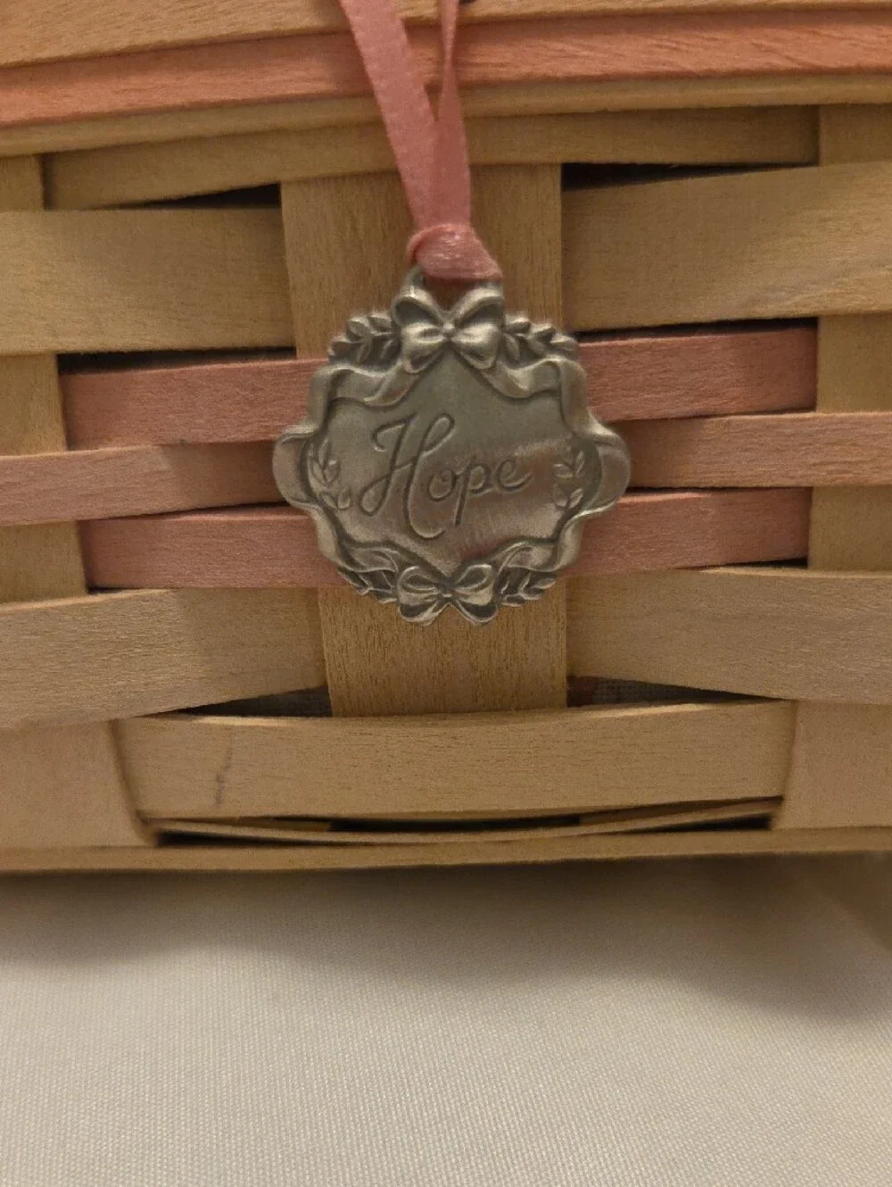 Longaberger Beige and Pink Woven Picnic Basket with Charm